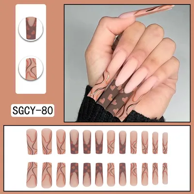 24pcs Super Long Water Pipe Nail French Fake Nails Brown Wavy Love Heart  False Nails Sweet Heart Press on Nails - AliExpress