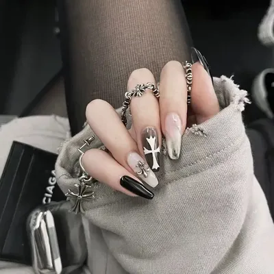 Новинка готические черно-белые с серебряным крестом украшения 3D накладные  ногти носимые Длинные накладные ногти для маникюра в стиле панк накладные  ногти | AliExpress
