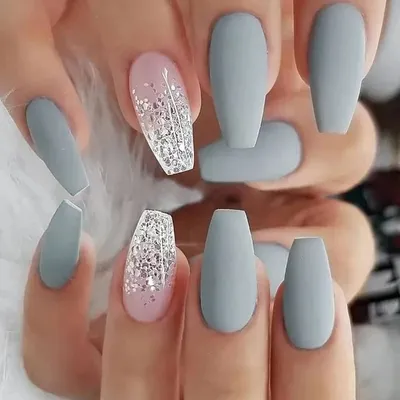 Amazon.com: Matte Press on Nails Medium Length Coffin Fake Nails Haze Grey  Blue Glue on Nails Full Cover False Nails with Bling Glitter Designs  Acrylic Nails Reusable Stick on Nails for Women