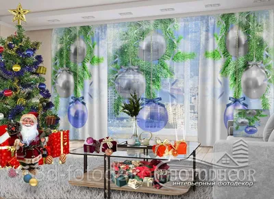 Новогодние Фото шторы и тюль \"Голубые шары на ветвях\" - любой размер.  Читаем описание! (ID#1095156386), цена: 380 ₴, купить на Prom.ua