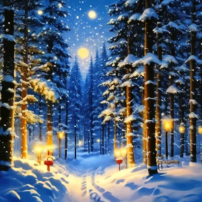Снежный новогодний лес, на фоне …» — создано в Шедевруме
