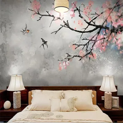 Настенные обои ручной росписи Сакура цветы и птицы фон настенная живопись |  AliExpress