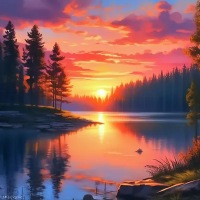 Очень красивый закат у озера в …» — создано в Шедевруме