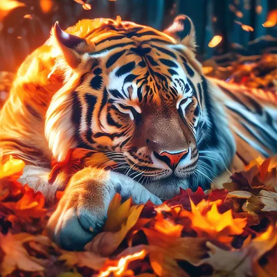 Огненный тигр спит в куче осенних …» — создано в Шедевруме
