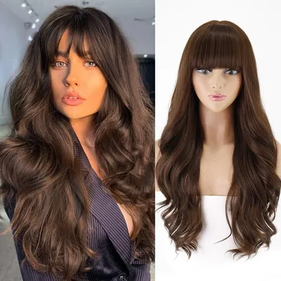 Купить LISI HAIR Длинные коричневые блондинки Ombre волнистые парики с  челкой Парики из натуральных волос для женщин Ежедневный косплей  термостойкий синтетический парик | Joom