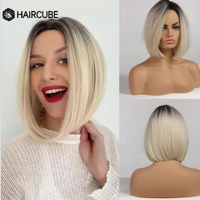 Купить HAIRCUBE Коричневые Светло-русые волосы с эффектом омбре, короткие  прямые синтетические парики боб, боковая часть для женщин, термостойкие  парики для косплея | Joom