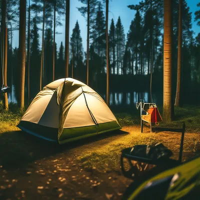 Палатка в сосновом лесу, кемпинг в лесу, поход в лес | Премиум Фото
