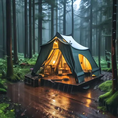 Палатка в лесу. дождь» — создано в Шедевруме