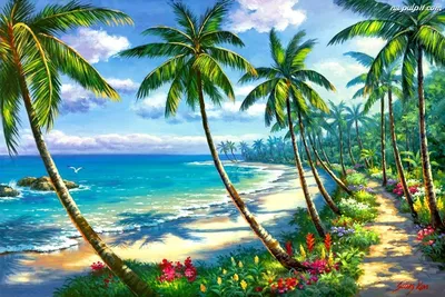 Пляж, пальмы, море - онлайн-пазл