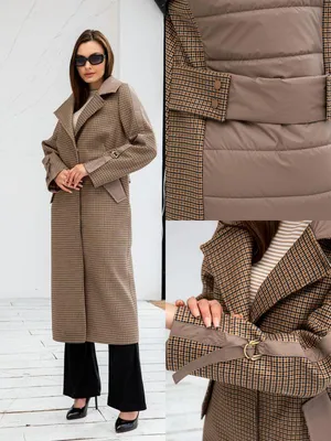 Пальто женское демисезон комбинированное с эко-кожей пальтовая ткань принт  \"гусиная лапка\" кемел (ID#1873134097), цена: 3410 ₴, купить на Prom.ua