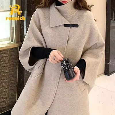 Женское Свободное пальто ROENICK с рукавами «летучая мышь», однотонное  бежевое облегающее теплое пальто из смешанной шерсти в Корейском стиле для  осени и зимы | AliExpress