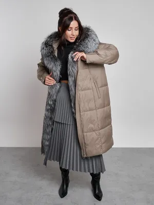 Купить Пальто утепленное с чернобуркой зимнее женское коричневого цвета  133156K - SPirk.ru