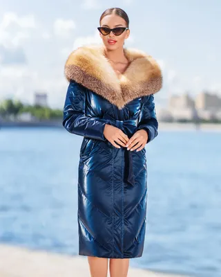 Пальто с мехом чернобурки цвет голубой купить c доставкой в Москве | CITY  FURS