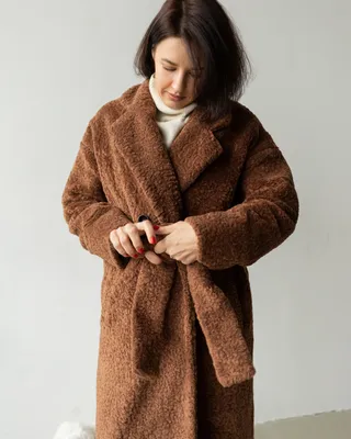 Пальто-шуба длинная с поясом, коричневая купить недорого в Украине