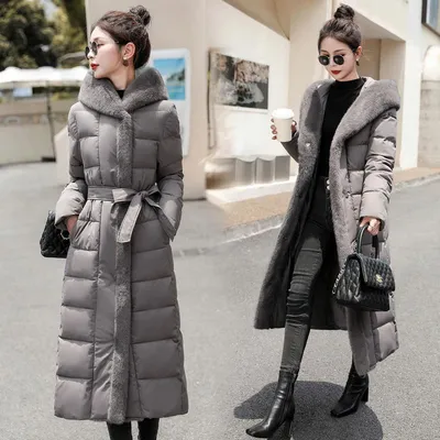 Купить Пуховое пальто женское длинное до колена 2023 зимнее новое  однотонное утепленное холодное теплое пальто на шнуровке | Joom