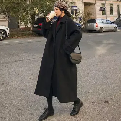 Женское длинное пальто, модная универсальная ветровка в Корейском стиле  преппи в стиле ретро, повседневное теплое шерстяное пальто, Женское пальто  оверсайз, осень 2023 | AliExpress