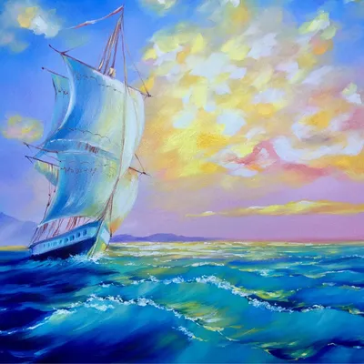 Картина Морской пейзаж маслом \"Парусник в бурном море\" 50x60 DL161110  купить в Москве