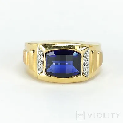 Винтажный мужской золотой перстень с искусственным сапфиром и бриллиантами  - «VIOLITY»