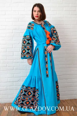 Длинное голубое платье-вышиванка с белой вышивкой купить дешево с доставкой  по Украине и Киеву, большой выбор моделей и орнаментов вышиванок на сайте  nd-ukraine