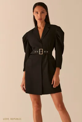 Платье-пиджак с объемными рукавами и поясом на талии черного цвета  0358208503-50 - купить в интернет-магазине LOVE REPUBLIC по цене: 699 ₽