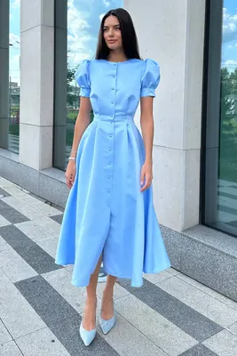 Платье в длине миди на пуговицах с пышной юбкой 00002108 голубой купить в  интернет-магазине Post Meridiem