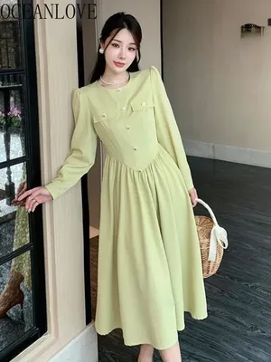 OCEANLOVE длинные платья с пышными рукавами Зеленые однотонные корейские  модные ретро элегантные женские платья осенние трапециевидные платья с  высокой талией | AliExpress