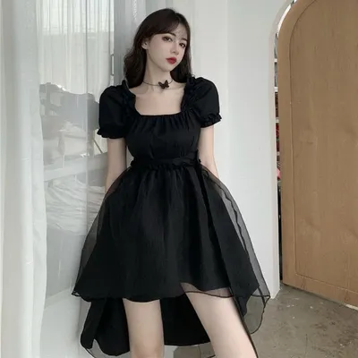 Корейская мода, Черное женское платье HOUZHOU, кружевной Готический корсет  для выпускного вечера, Короткие вечерние платья, элегантные платья с  пышными рукавами и квадратным вырезом | AliExpress