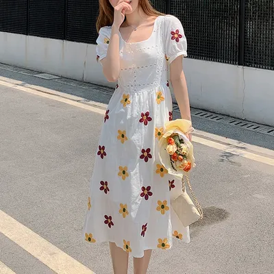 Цельнокроеное платье, корейские милые элегантные платья с коротким рукавом,  женские милые Винтажные Платья с цветочным дизайном, летние платья с  высокой талией 2023 | AliExpress