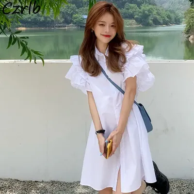 Женские летние платья с коротким рукавом, милые однотонные нежные  студенческие простые милые повседневные корейские модные платья с оборками  | AliExpress