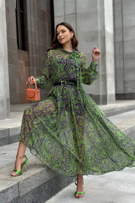 Купить платье из премиального шелкового шифона в зеленом цвете с доставкой  и примеркой в интернет магазине olalafason.ru в Москве