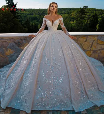 Роскошные свадебные платья, бальное платье, пышное с длинным рукавом,  блестками, Тюлевое кружевное, с кристаллами, винтажное, формальное платье  невесты, на заказ DE42M | AliExpress