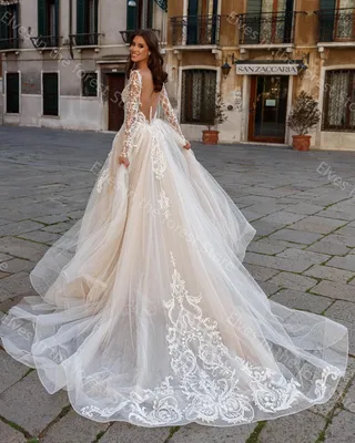 Женское свадебное платье со съемным шлейфом, Привлекательное платье невесты  с длинными рукавами и аппликацией, открытая спина | AliExpress