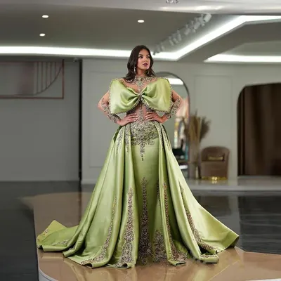 Очаровательные зеленые блестящие кружевные вышитые бисером платья со  съемным шлейфом для выпускного вечера | AliExpress