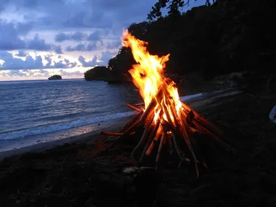Огонь на пляже на фоне заката | Премиум Фото