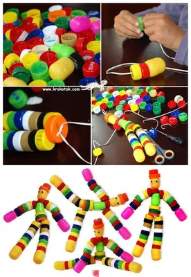 Делаем человечка из киндеров и крышек | Bottle top crafts, Plastic bottle  caps, Crafts for kids