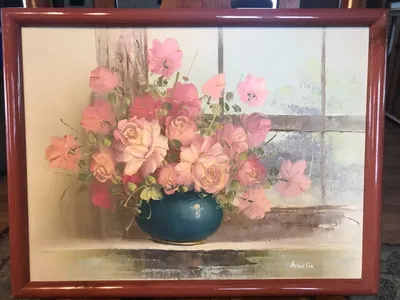 Oil Painting On Canvas Blue Vase Roses Signed by artist.Art pink Frame  17x13 | eBay