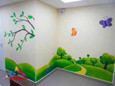 Роспись стен в детском саду | Оформление стен детских садов | Обои для  детской комнаты, Настенная роспись в спальне, Школьные фрески