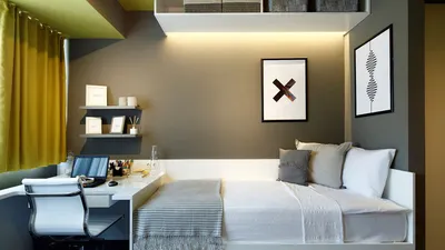 Полки над кроватью в спальне: стеллажи, с подсветкой, фото оформления  комнаты