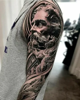 Татуировка мужская графика тату-рукав посейдон и корабль 3930 | Art of Pain