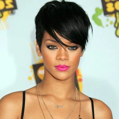 rihanna with black hair, black straps, pink lipstick, cute hairstyles for  short hair, silver necklaces | Rihanna short hair, Short hair styles, Short  hair cuts