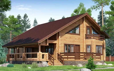 Проект деревянного дома с мансардой из оцилиндрованного бревна, 268 м2 (041)