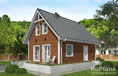 33B «Новая Традиция» - проект деревянного дома с мансардой, из бревен, с  треугольной верандой и навесом на 1 авто: цена | Купить готовый проект с  фото и планировкой
