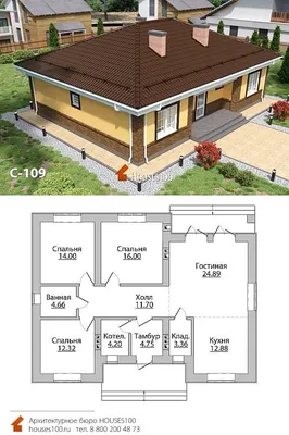 Проект дома C-109 (6/6) Проект одноэтажного дома в европейском стиле от  Houses100, площадью 109м2 | Планировка бунгало, Домашняя мода, Проекты домов