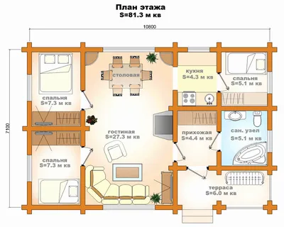 Проект дома клееный брус - 81 кв.м.