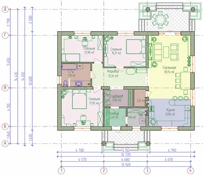 Проекты домов от Евгения Мороза: №078-02. Готовый проект одноэтажного дома  на четыре комнаты (132,2 м2)
