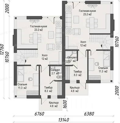 Проект дома 17-38 площадь 445.6 м2 каркасный, одноэтажный, с пристроенным  гаражом на 2 машины : цена, каталог, фото, планировки, строительство