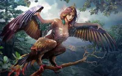 Птица Гамаюн, женское лицо, сказочный…» — создано в Шедевруме