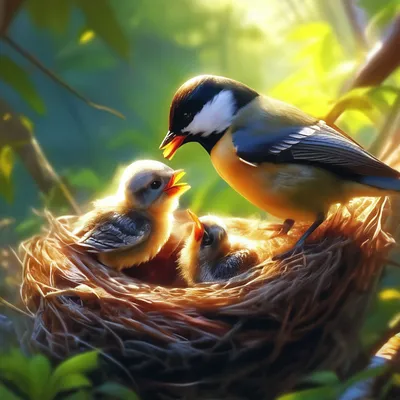 Птица кормит птенцов в гнезде …» — создано в Шедевруме