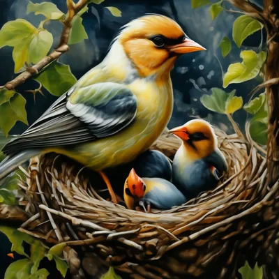 Маленькая птичка кормит птенцов или птенцов в гнезде генеративный ии |  Премиум Фото