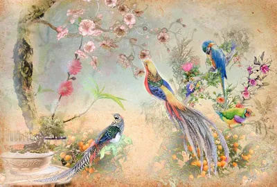 Сатин Gucci \"Райские птицы\", фон белый, 20794-1 145см купить в Москве -  цена 3910.00 руб.